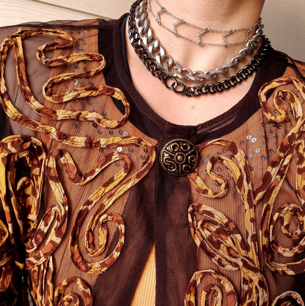 Chico's Brown Sheer Mesh Summer Cardigan w/Sewn-on Animal Print Leopard Swirls - Picture 4 of 16